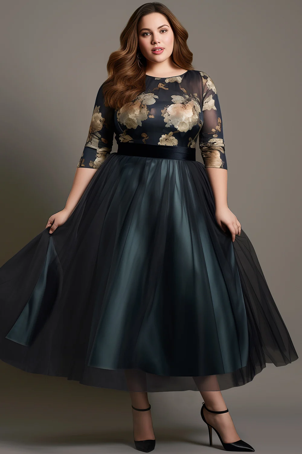 

Flycurvy Plus Size Wedding Guest Dark Blue Mesh Floral Print 3/4 Sleeve Tea-Length Dress