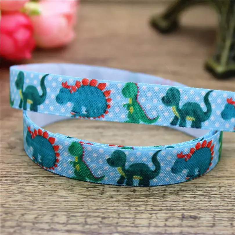 DHK 5/8\'\' 5yards Animals Owl Sloth Fox Dinosaur Printed Fold Elastic FOE Stretch Ribbon Headwear Headband DIY OEM C1728