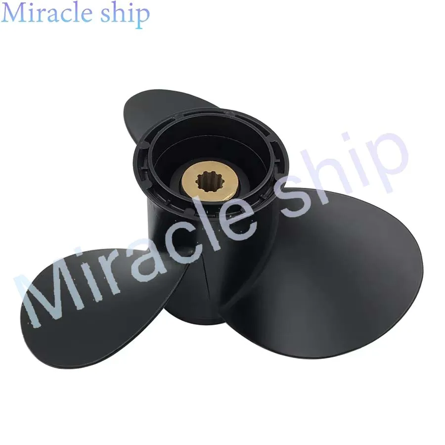 

58100-93763-019 Пропеллер подвесного двигателя 9 1/4 X 9 для Suzuki 8HP-20Hp, алюминиевый сплав, 3 лопасти, черный, 10 шлицевых зубьев, вращение R