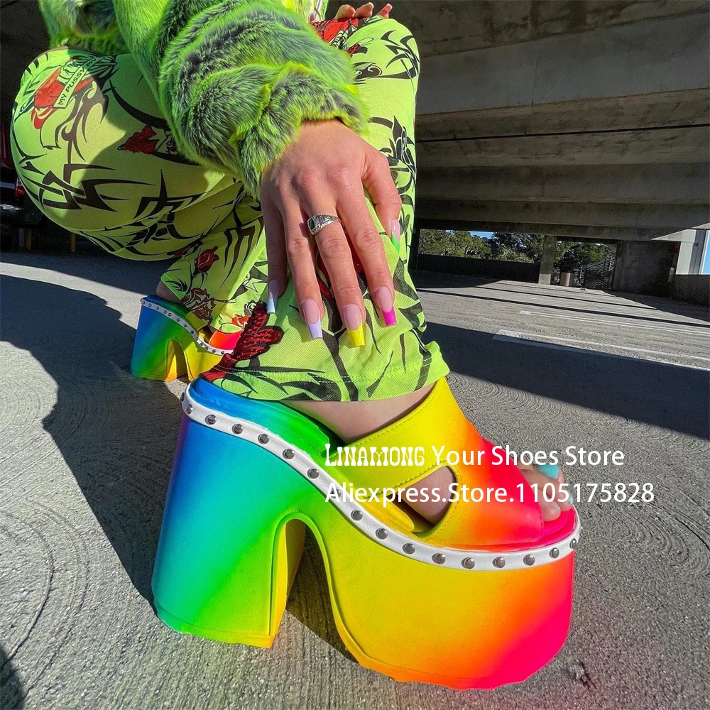 

Platform Chunky Heel Slippers Colorful Iridescent Leather Rivet Mules Fashion Style Handmade Large Size Summer Shoes for Women