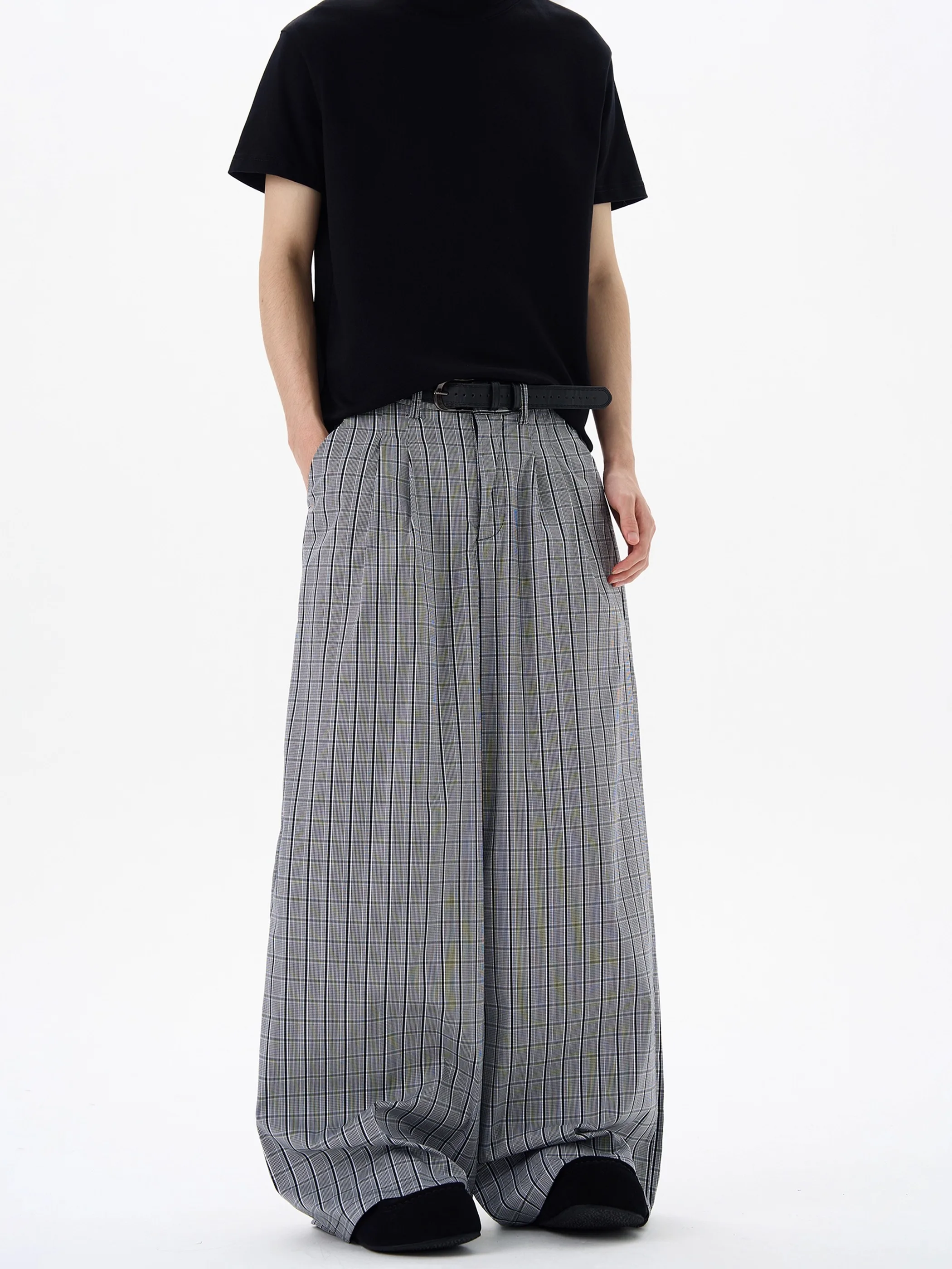 

Summer Thin Pleated Plaid Wide Leg Casual Pants Loose Vintage Trousers ex Lightweight Classic Straight Cut Leisure Trousers
