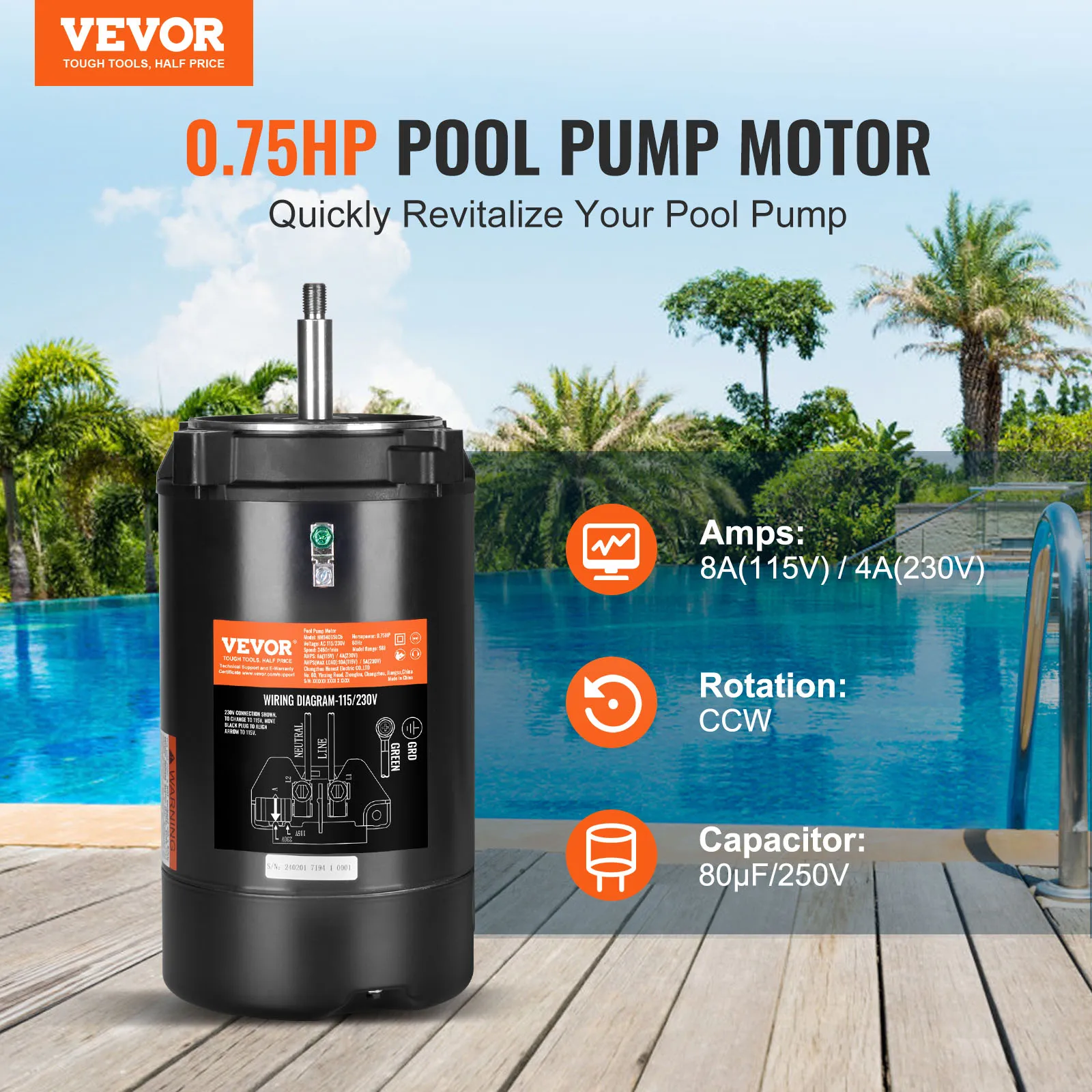 VEVOR Pool Pump Motor 115/230V 9.8/4.9A 56J 3450RPM 90μF/250V Capacitor CCW Rotation Round Flange Replacement Motor 1/1.5/0.75HP