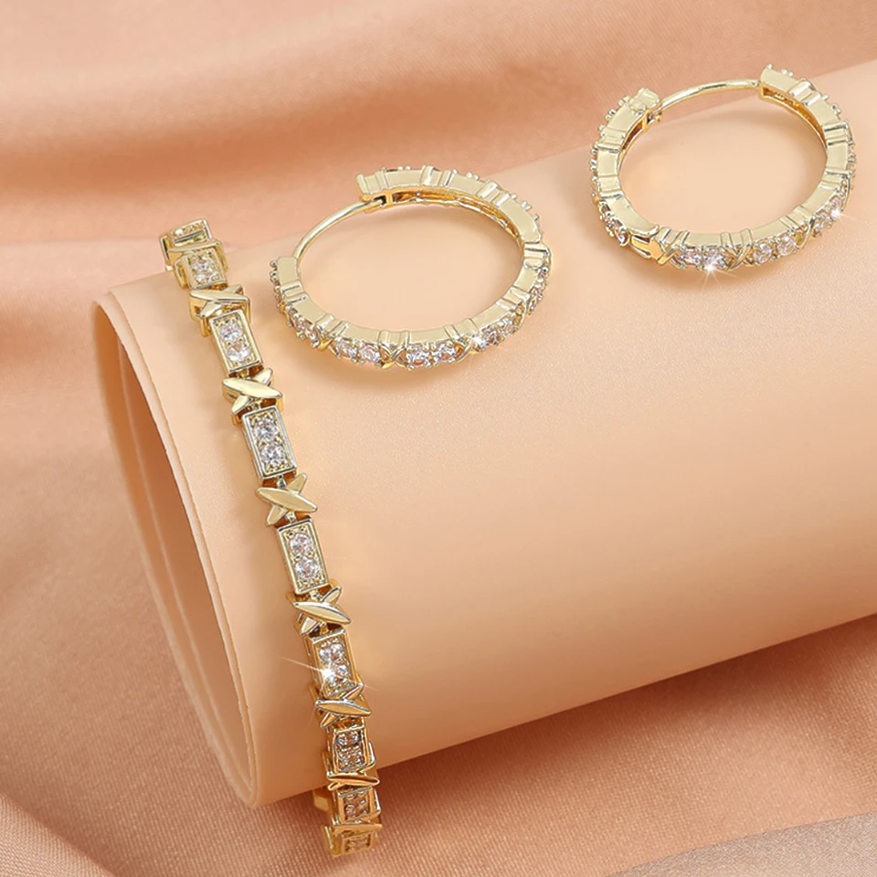 

Uilz Fashion X Cross Shape Earrings Bracelet For Women Luxury Gold Plated Tennis Zircon Charms Daily Work Party Jewelry