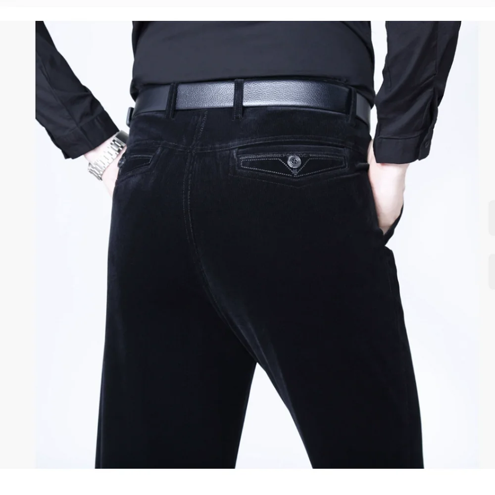 남성용 하이웨이스트 코듀로이 팬츠 가을 겨울 비즈니스 플란넬 바지 신축성 있는 허리 편안한 착용감 플란넬 바지