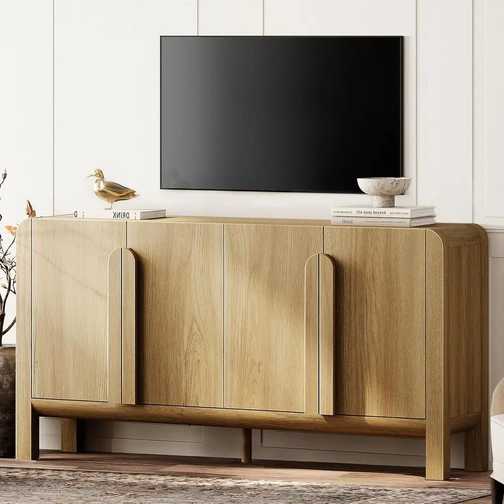 Large 63 Wide Walnut Curved Sideboard with Storage, Ideal for Dining & Living Rooms