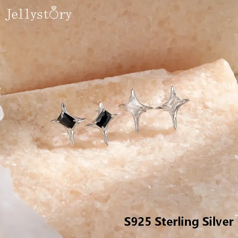 S925 Sterling Silver Four Pointed Star Zircon Earrings Niche Irregular Luxury Personality Trendy Unisex Jewelry Gift