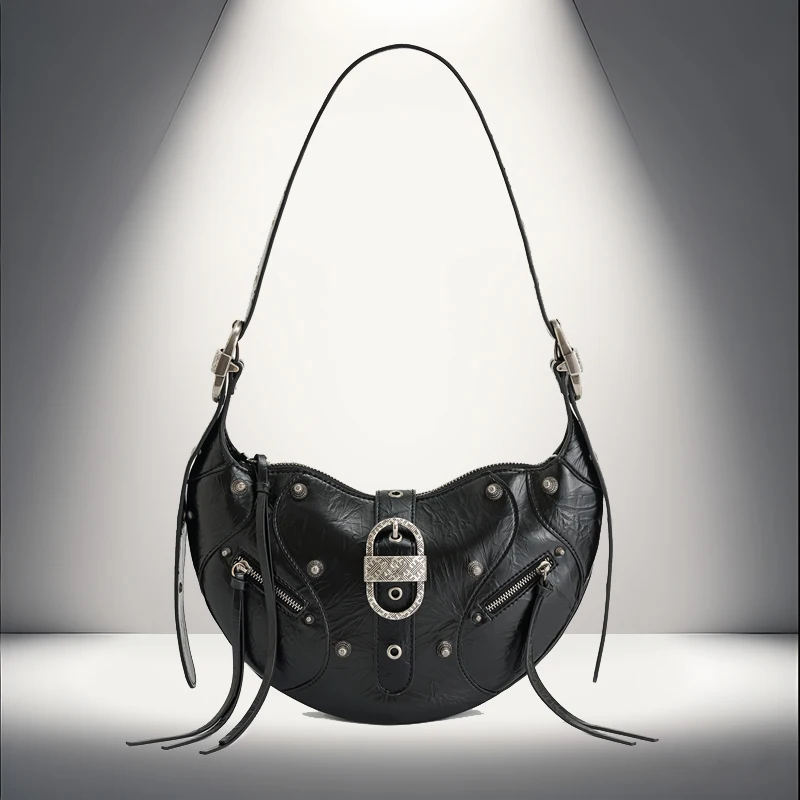 

Fashionable and trendy genuine leather women's armpit bag, large capacity motorcycle bag, hand-held single shoulder crossbody