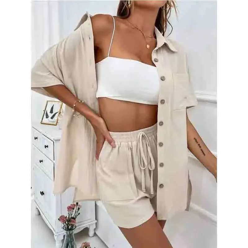 New Casual Fashion Button Pockets Short Sets Women\'s Suit Elegant Long Sleeves 2 Pieces Set Simple Female Outfit Clothes SP2251