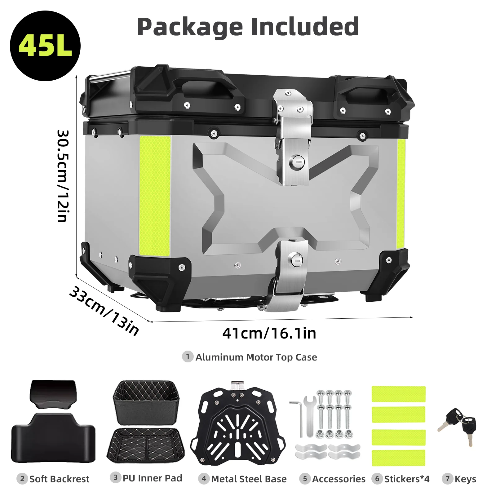 65L Topkoffer Aluminium Motor Topbox met Binnenvoering & Rugleuning Universele Afneembare Achterkoffer met Dubbele Sloten Waterdichte Helmen Opberg Bagagekoffer