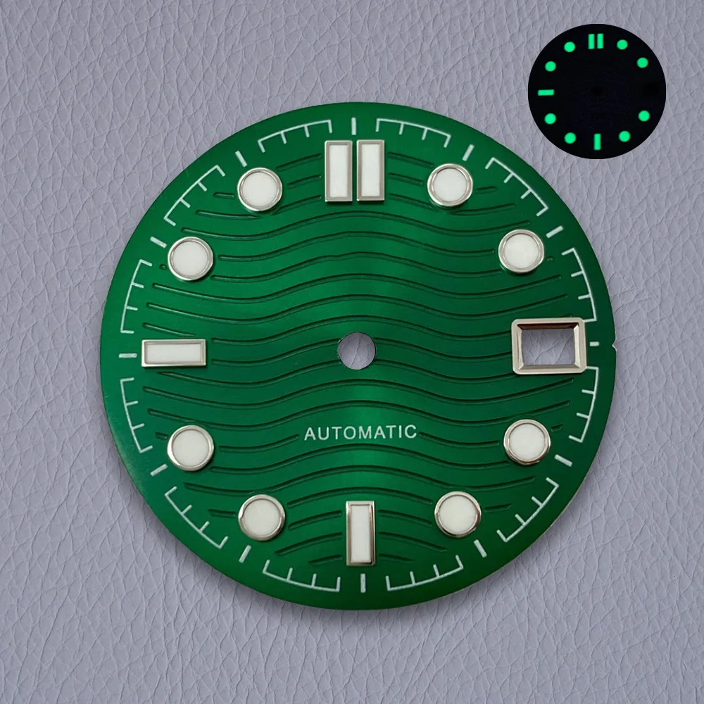 28.5mm S 로고 다이얼 NH35/NH36/4R/7S 일본 무브먼트 녹색 빛나는 고품질 다이얼 시계 수정 액세서리