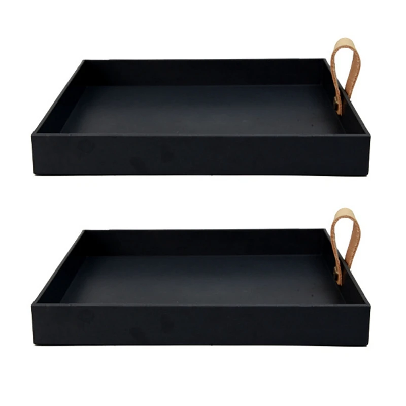 

2X Creative Square PU Leather Serving Tray Decorative Dish Cosmetics Sundries Desktop Storage Plate With Handle(Black)