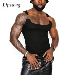 Fashion Chained Straps Tank Tops Men Hip Hop Pure Color Elastic Slim Knitting Vest Mens Spring Sleeveless Square Collar Camisole