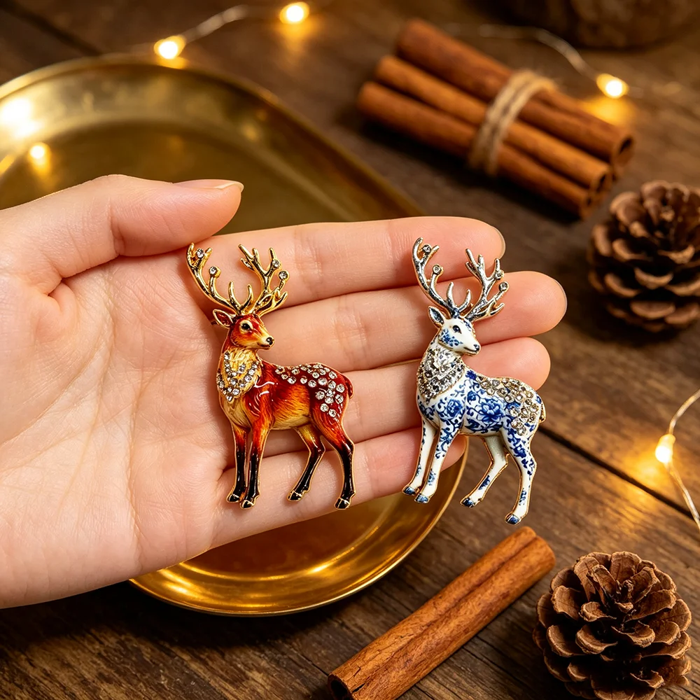 Vintage Emaille Hirsch-Brosche Strass Sika-Rentier Anstecknadel Weihnachts-Tier-Abzeichen Damen Anzug Schal Mantel Mode-Schmuck Geschenk – Detail 3