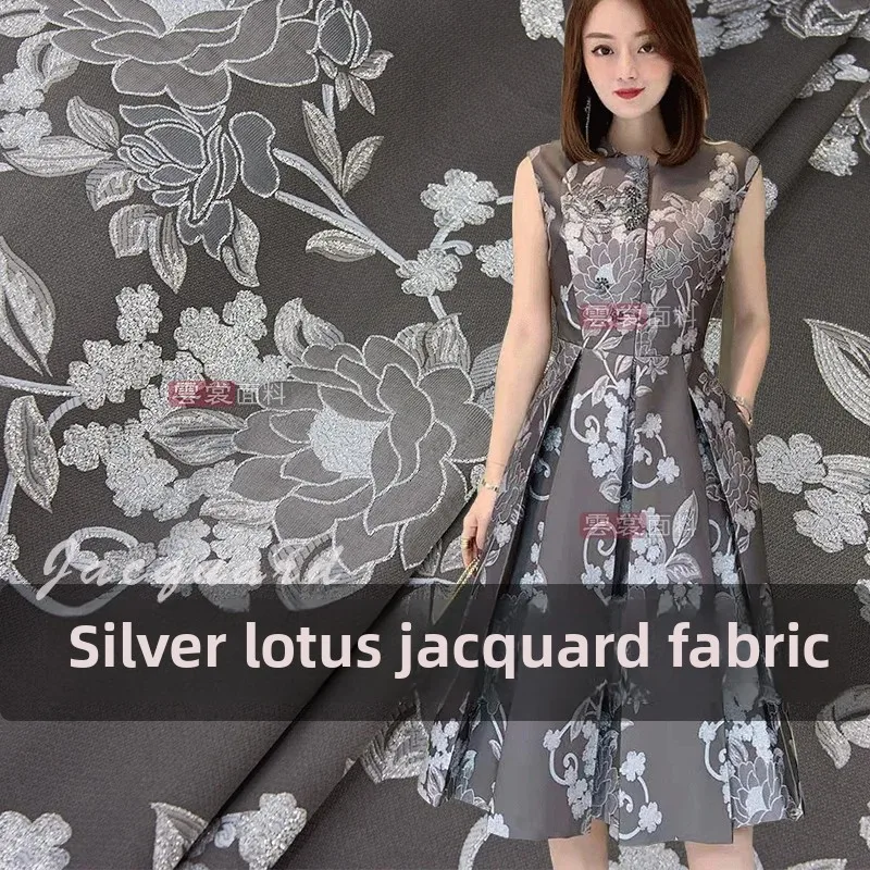 

Silver Line Damask Jacquard Fabric Lotus Dress Trench Coat Clothing European Brand Fashion Design Sew Wholesale Cloth By Meter