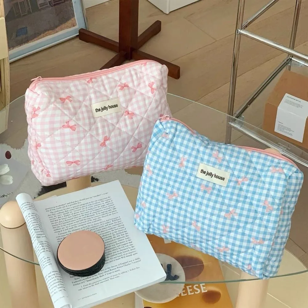 Large Capacity Lattice Cosmetic Bag with Zipper Korean Style Cute Storage Bag Colorful Bow Pattern Portable Makeup Bag Travel