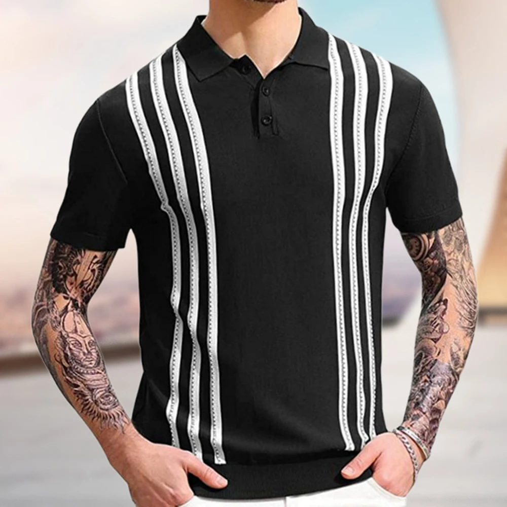 Fashion Vintage Handsome Mature Slim Henley Collar Polo Shirt For Men Casual Knitted T-Shirt 2024 Spring And Summer New Style