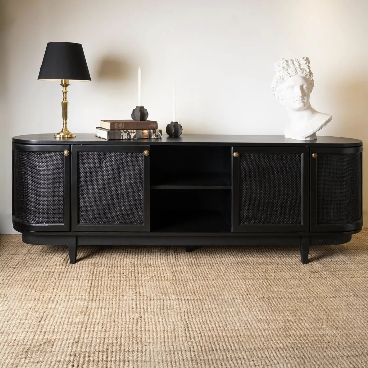 ^Modern Home Furniture Solid Wood Rattan Cabinet with Stainless Steel 120*40*80cm Stylish Living Room Display Storage