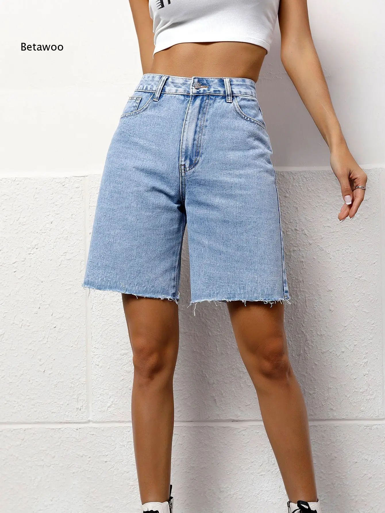 Shorts Bermuda de Mezclilla de Cintura Alta para Mujer con Dobladillo Deshilachado, Pantalones Cortos de Jean de Corte Holgado para Moda Casual de Verano