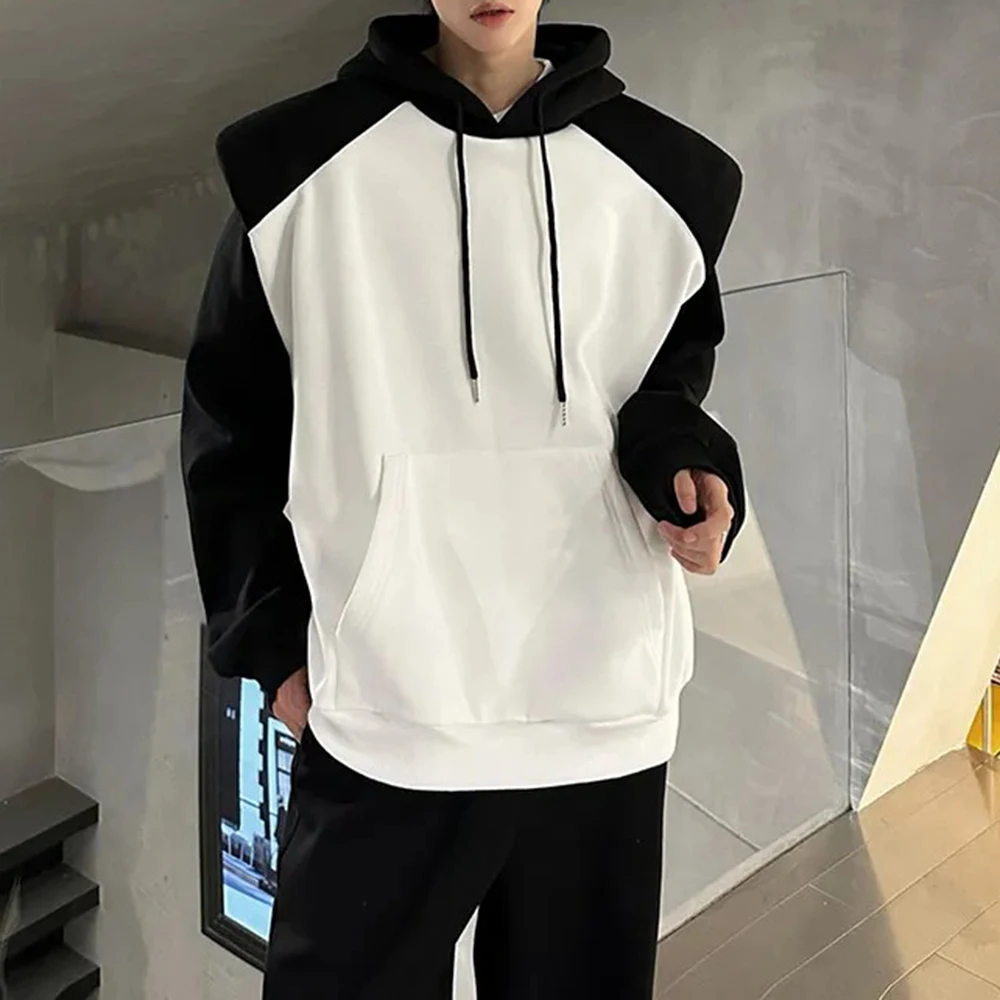 

Mens Hoodies Contrast Color Stitching Shoulder Pad Sweatshirt Autumn Streetwear Fashion Campus Long Sleeve Tops Men'S Clothing