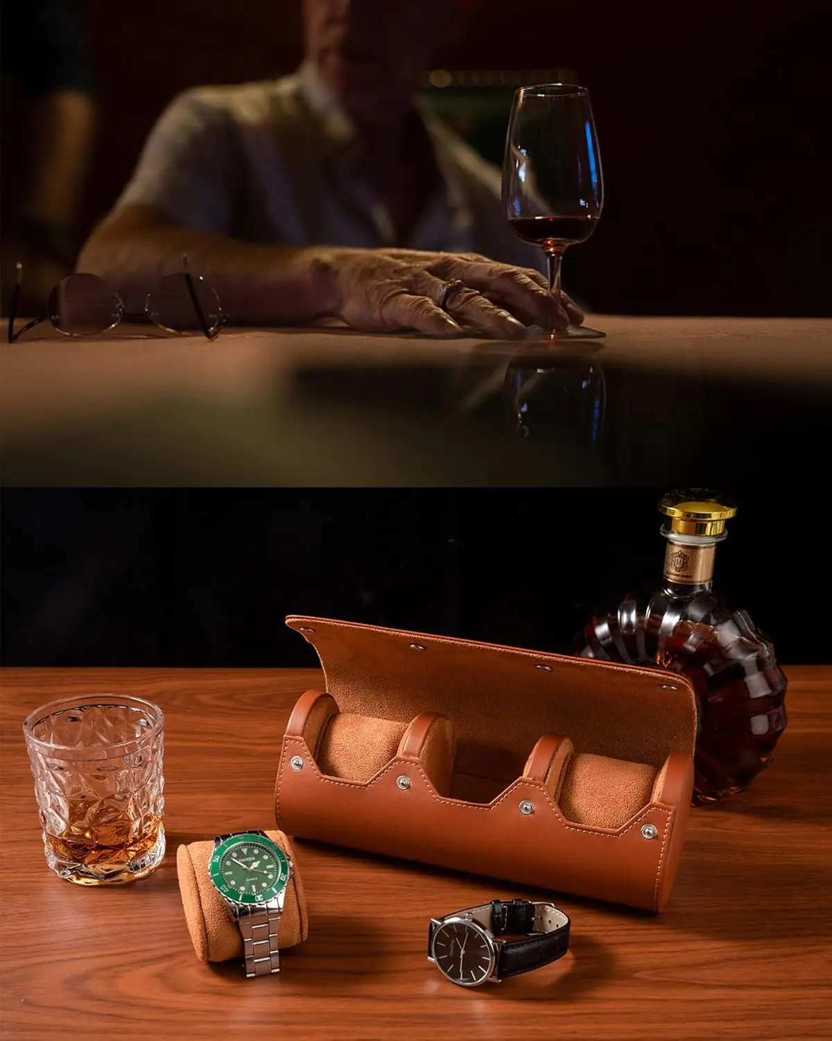 Leather Watch Travel Case - Portable Watch Roll Organizer, Handmade Luxury Gift for Men