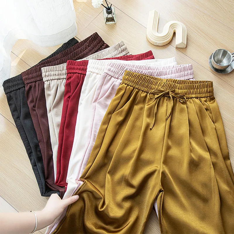 

High Quality Satin Wide Leg Pants Women Summer Loose Comfy Ice-Cold Casual Pants Woman Elegant High Waist Ice Silk Trousers