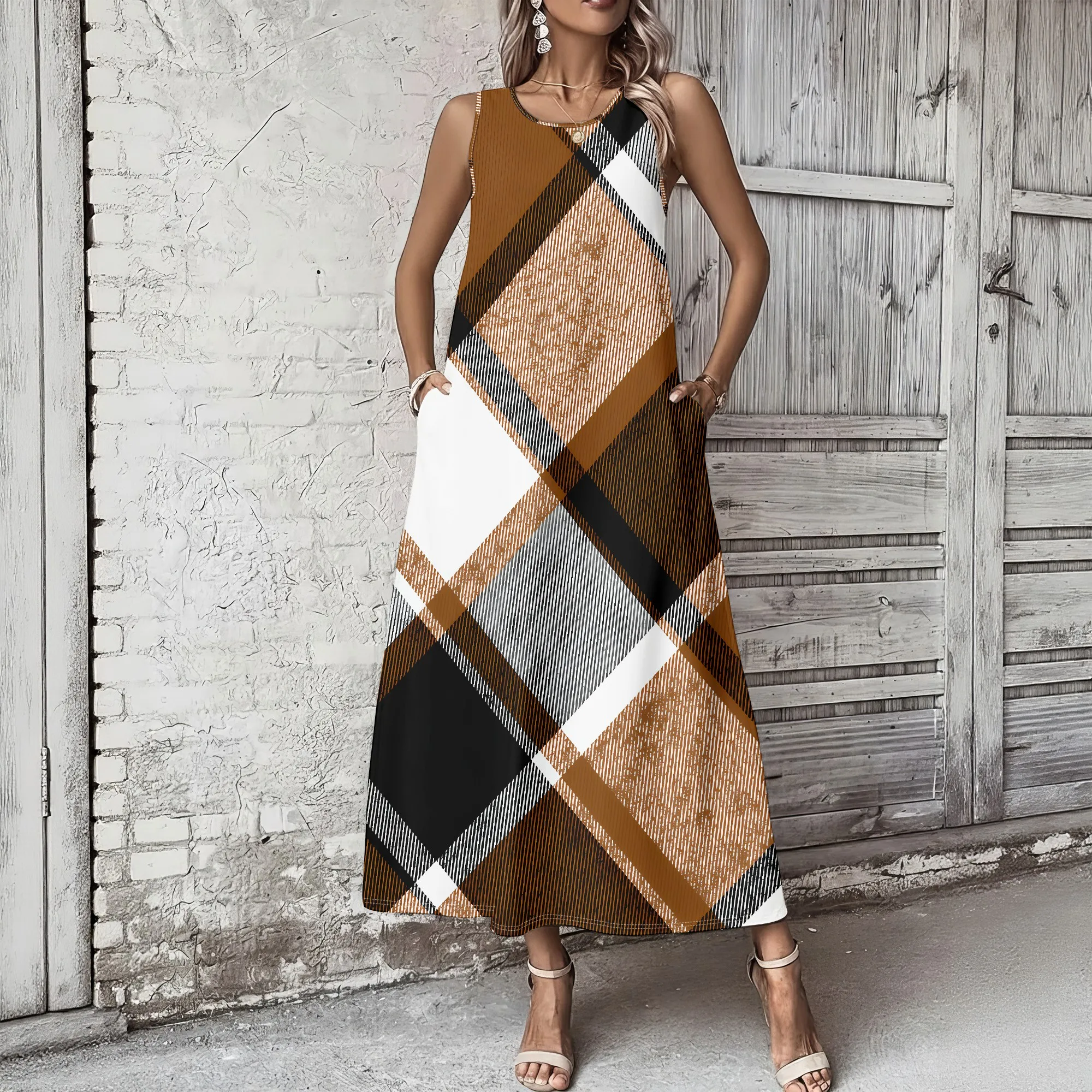 

Women's Summer Sleeveless Round Neck Long Dress, 3D Fashionable Printed Large Swing Dress.