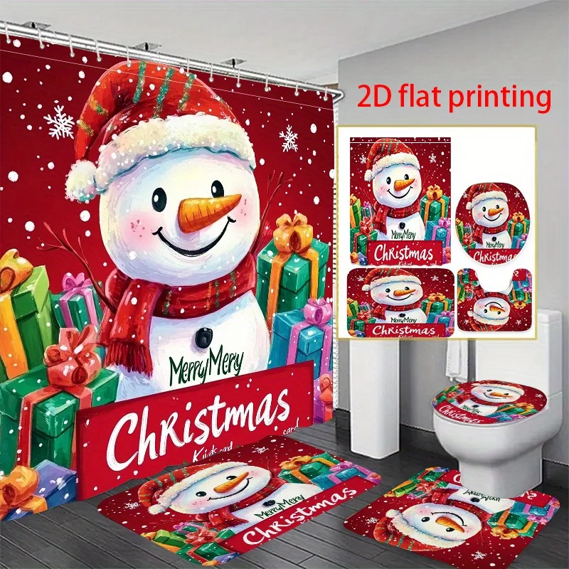 

4 шт. 2D плоская занавеска для душа с принтом, набор для ванной комнаты, веселый снеговик с подарками и рождественскими пожеланиями. Используется к перегородке