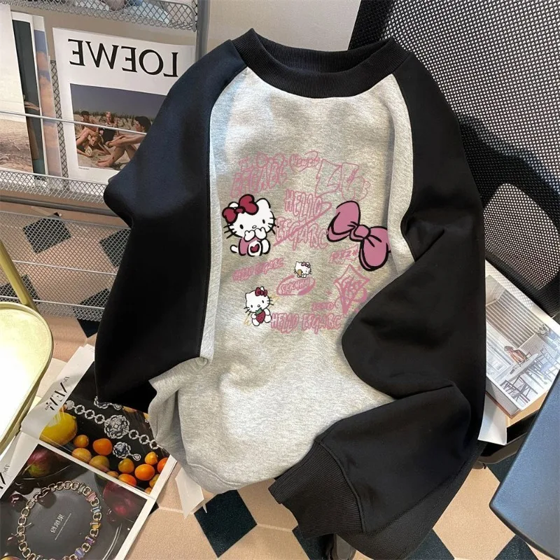 سويت شيرت هالو كيتي من القطن الخالص مطبوع برقبة دائرية للفتيات لخريف وشتاء بالإضافة إلى بلوفر مخملي سميك ودافئ