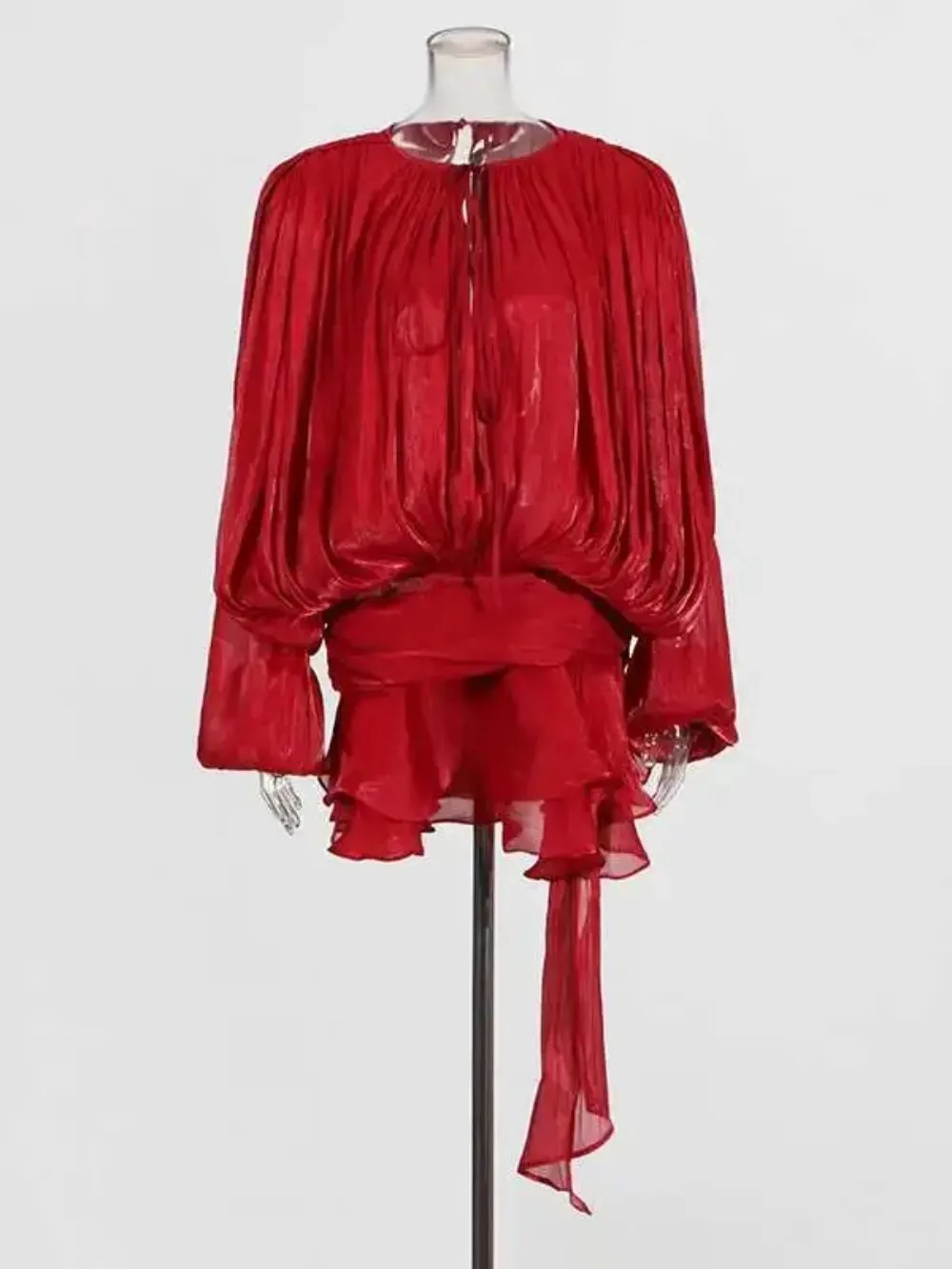 Elegante mini vestido ruched para mulheres em torno do pescoço lanterna manga longa cintura alta temperamento vestidos moda feminina