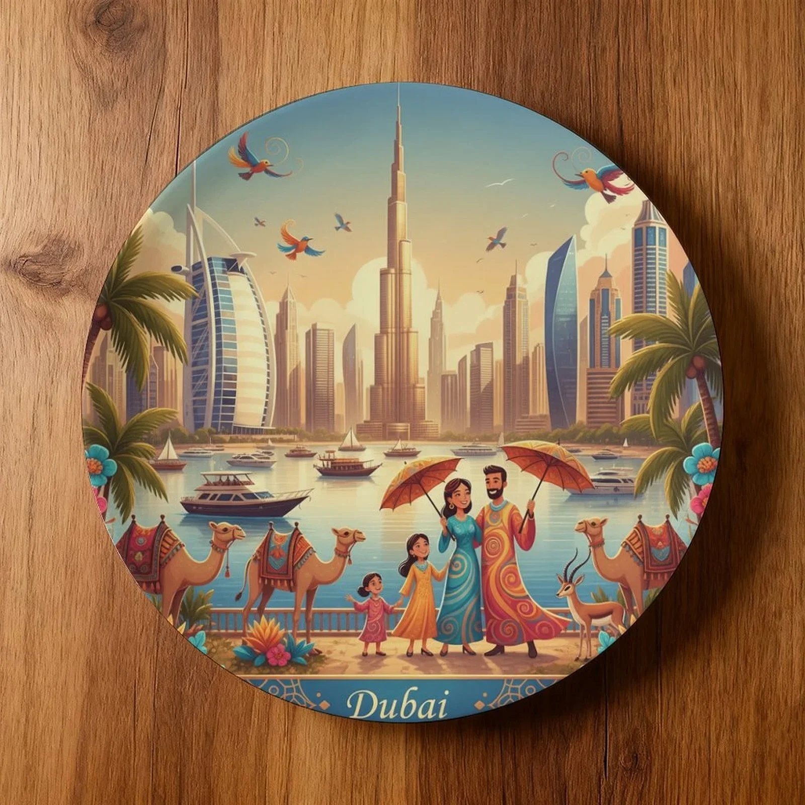 1 plato decorativo de cerámica con temática familiar de Dubai Skyline - Vibrante paisaje urbano de Dubái con Burj Khalifa, safari en el desierto y palmeras