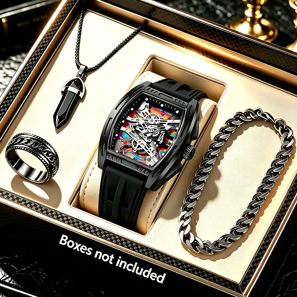 4-Piece Men's Quartz Watch - Fashion Wristwatch, with a Set of Ring, Necklace and Bracelet.