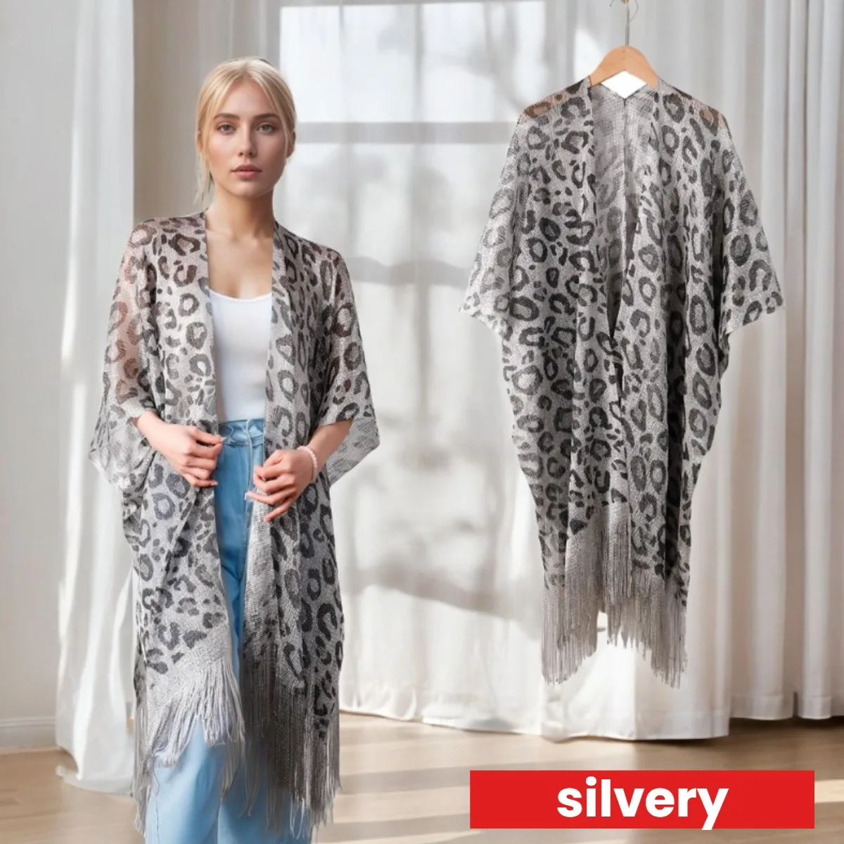 Leopard Print Tassel Kimono for Women, Summer Vacation Lightweight Sheer Shawl, Open Front Beach Cover Up Cardigan