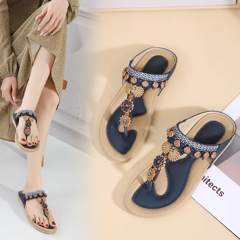

Summer Bohemian Style Women's Sandals Pinch Foot Beaded Rhinestone Buckle Beach Women's Slippers Woman Shoes Sandalias de Mujer