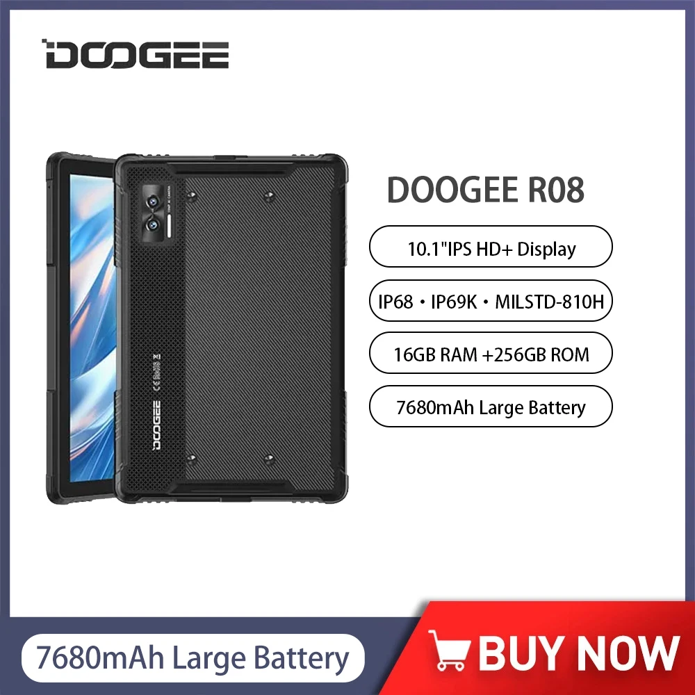 

DOOGEE R08 Rugged Tablet 10.1Inch HD+ Display Octa Core Pad 16GB(6+10) 256GB 7680mAh Android 13 10W Fast Charge OTG Tablets PC