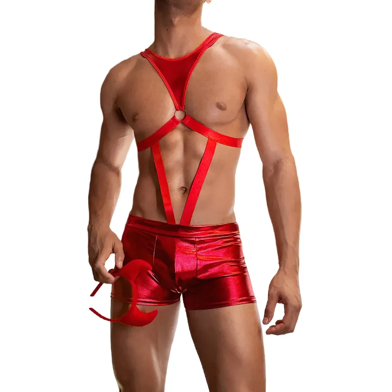 Sous-vêtements sexuels pour hommes, bretelles creuses, haut serré, pantalon en cuir, ceinture, corne du diable, couvre-chef, Costume, tentation Sexy