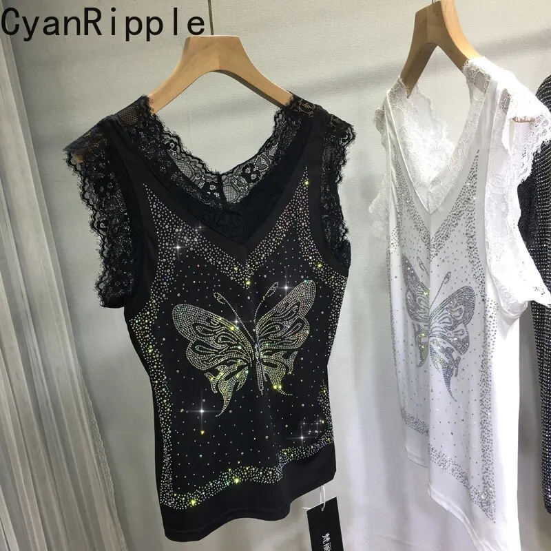 

Fashion Lady New Spring Summer V-neck Sleeveless T-shirt Elegant Lace Basic Camisole Luxury Butterfly Hot Diamonds Tanks Tops