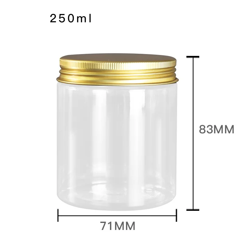 Cosmetic Jars Transparent PET Plastic Pots Gold Aluminum Lid 50ml-500ml 68 Dia. Packaging Bottle Empty Cream Containers 15pcs