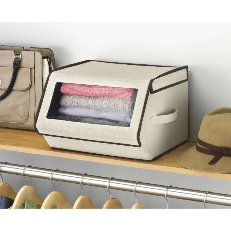 Stackable Window Polycotton Storage Box Closet Organizer - Tan - 14" x 15" x 10" Adult Use