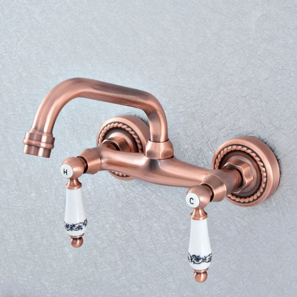 

Antique Red Copper Brass Wall Mounted Bathroom Kitchen Sink Faucet Swivel Spout Mixer Tap Dual Ceramics Handles Levers tsf890