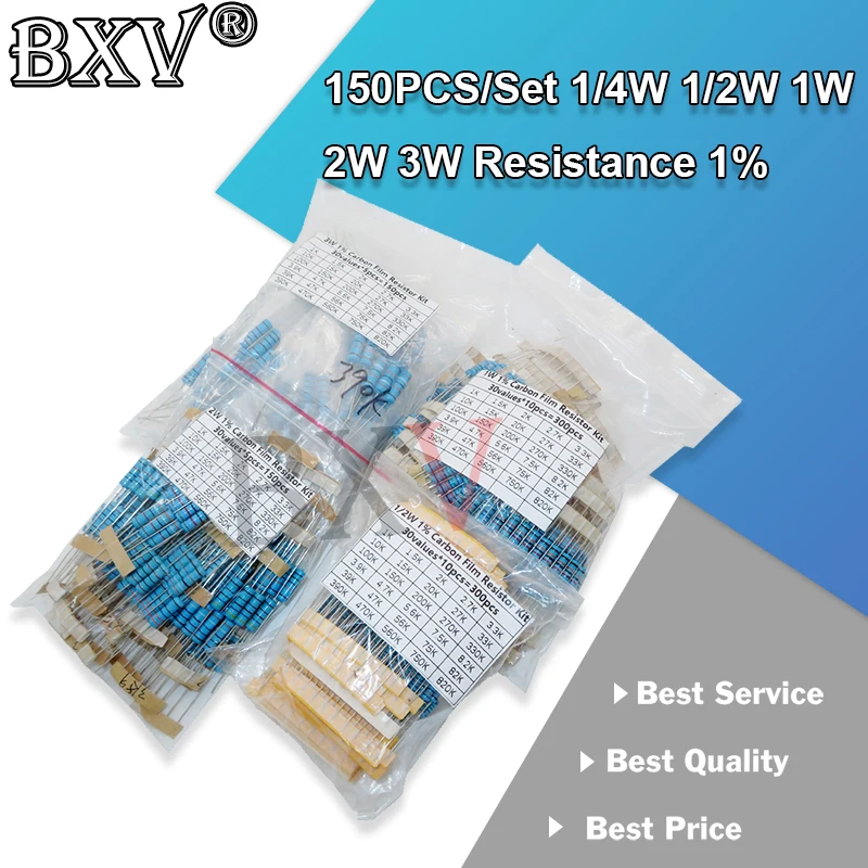 300PCS 150PCS/Set 1/4W 1/2W 1W2W 3W Resistance 1% Metal Film Resistor Assortment Kit Set  30Kinds Each 5/10PCS 1~750 1K~820K Ohm