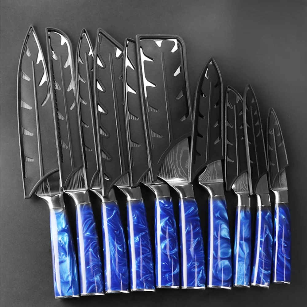 Kitchen Knife Set 1-10PCS Chef Knives Santoku Japanese Slicer High Carbon Laser Damascus Pattern Blue Resin Handle for Kitchen