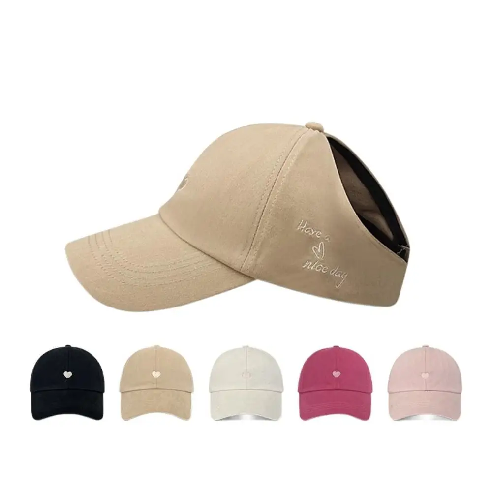 Embroidered Love Heart Baseball Cap Cotton Peaked Cap Ponytail Half Empty Top Hat Sun Cap Academy Style Sunscreen Sun Hat Men