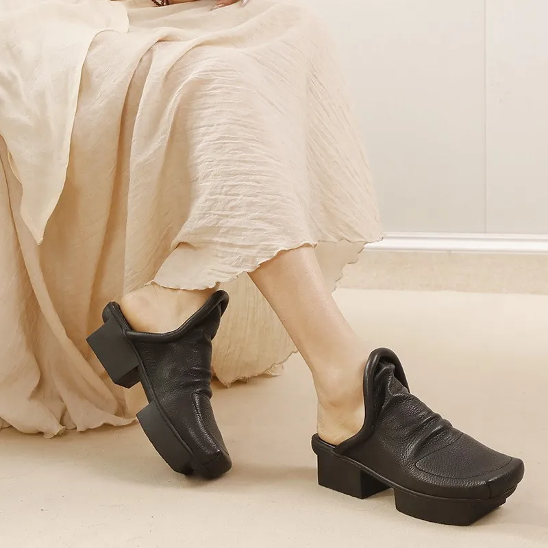 

GKTINOO 2025 Spring/Summer New Women's Shoes Genuine Leather Middle Heel High End Square Toe Fashion Slippers