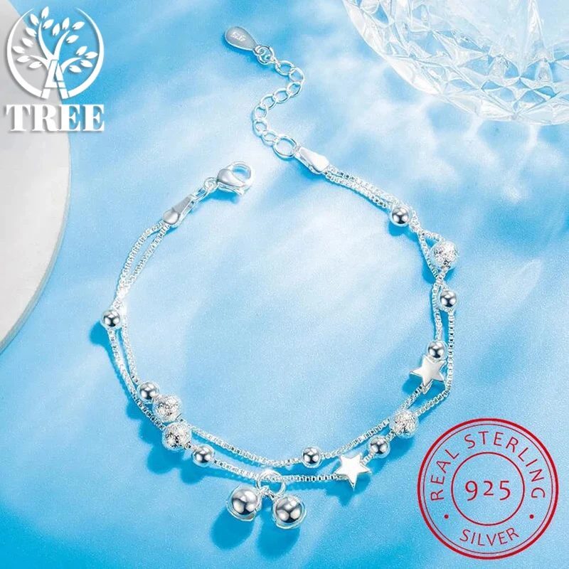 ALITREE 925 Sterling Silver Double Layer Round Star Bead Chain Jingling Bell Charm Bracelet for Female Elegant Jewelry Bracelets