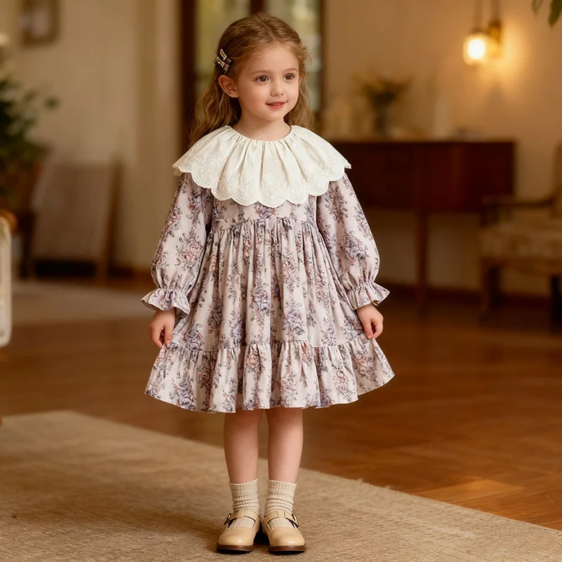 

Girls Floral Print Dress Children's Spring Autumn Fashionable Ruffle Collar Baby Cotton Skirt New Arrival Woodland Theme