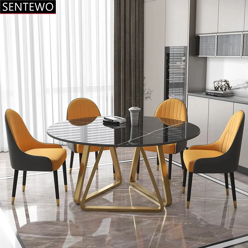 

SENTEWO Free Shipping Luxury Italian Round Marble Dining Table With 8 Chairs Set Stainless Steel Golden Frame Kitchen Furniture