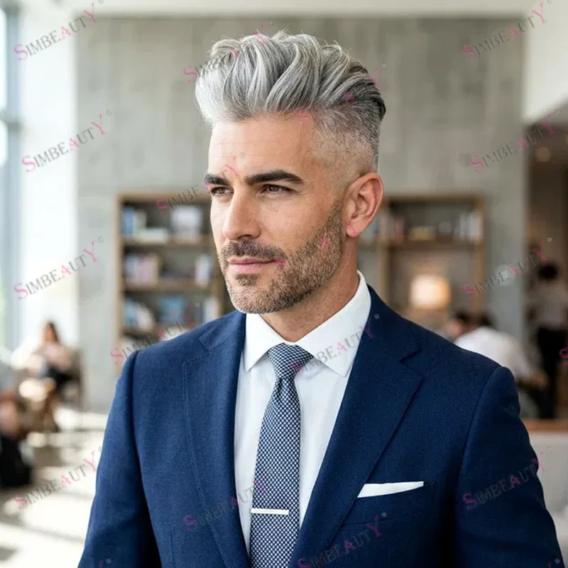 Super Breathable Lace Mono PU Base Men's Virgin Human Hair Replacement Baldness European Old Man's Brown Gray Hairpieces System
