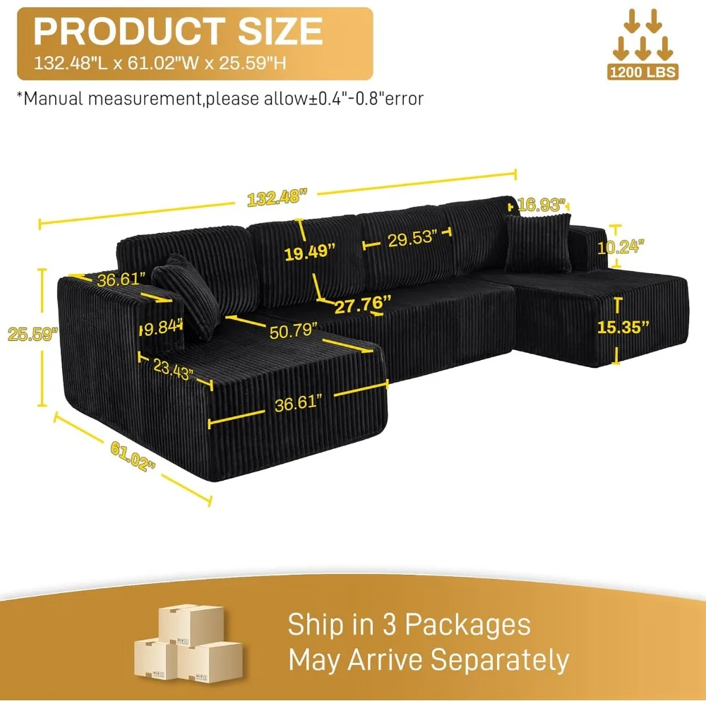 132" Modular Sectional Couches for Living Room, Boneless U Shaped Cloud Couch with Chaise Lounge, Comfy Cozy Plush
