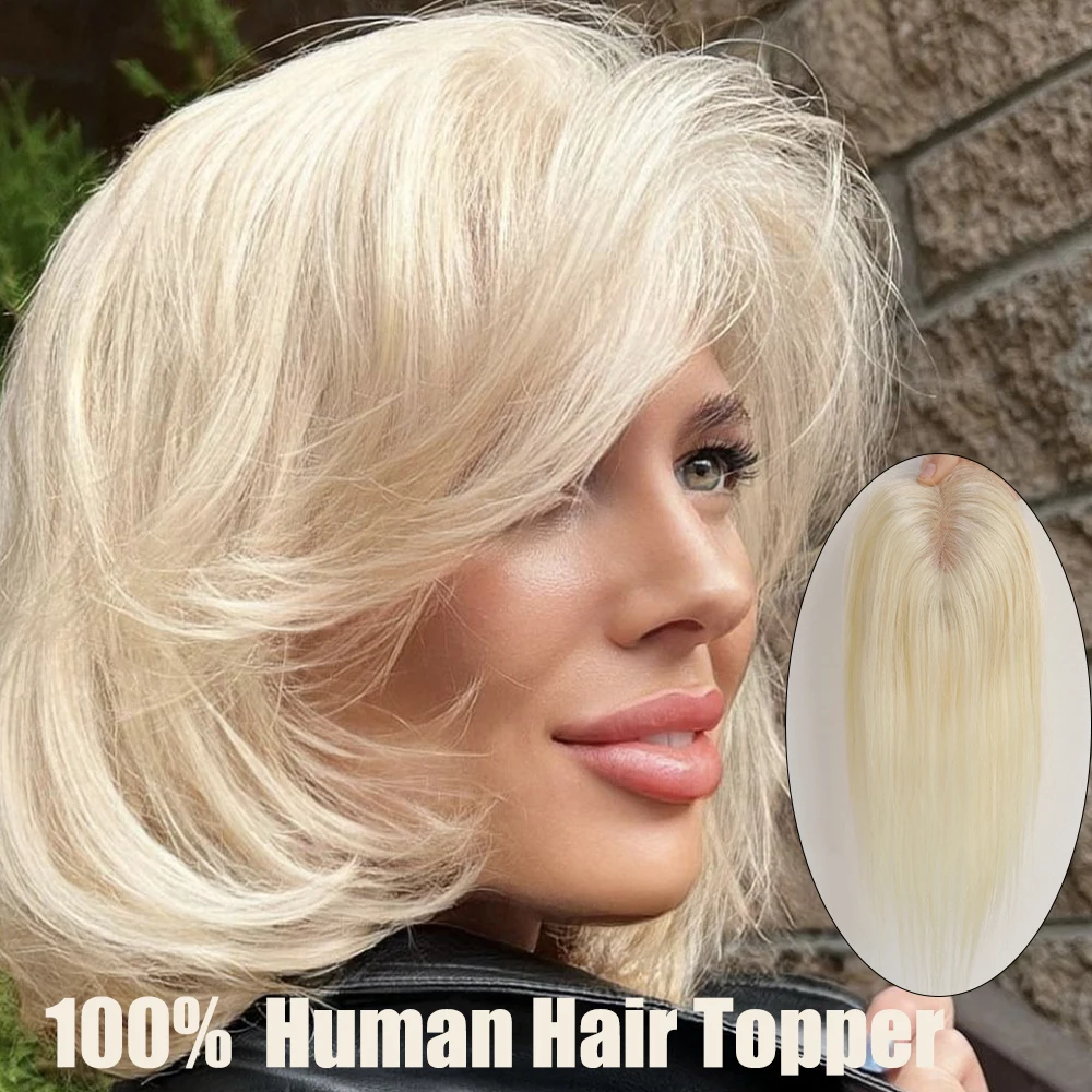 Toppers de cheveux humains Remy avec clips, blond clair, base en dentelle, partie centrale, 12 \