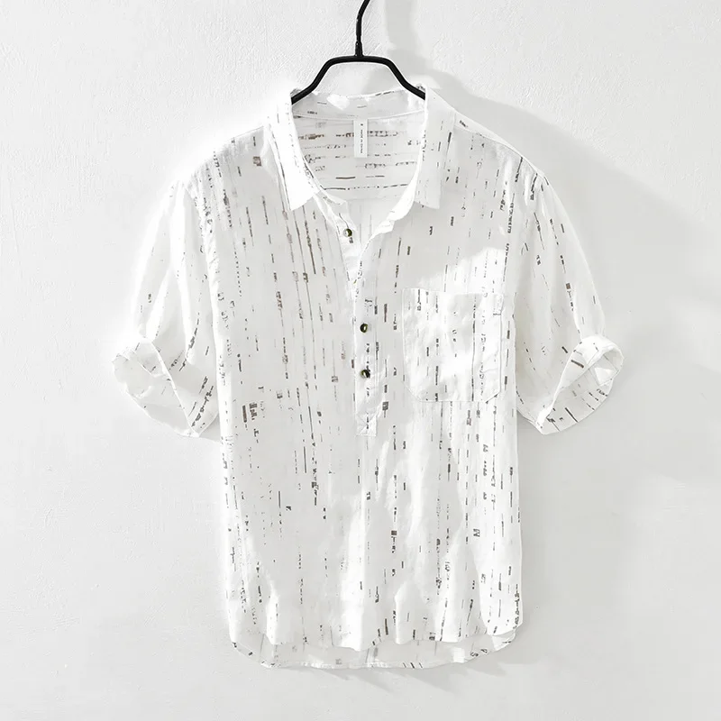 

Lazy Style Half Sleeve Pure Linen Shirts for Man Summer Beach Breathable Men Tops Casual Pocket Pullover Printed Shirt Literary